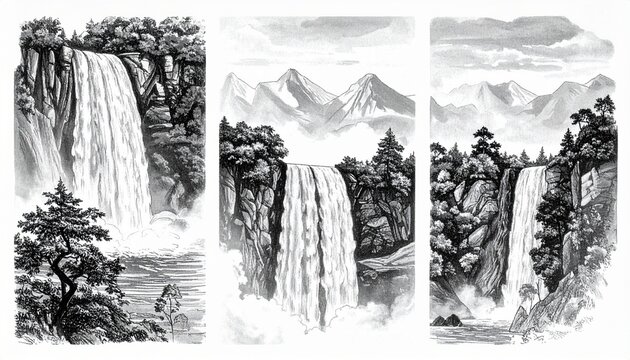A collection of three vintage style black and white artistic illustrations depicting majestic waterfalls flowing down rocky mountain cliffs.