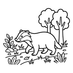 Fototapeta premium Charming hand drawn depiction of a friendly badger walking through a natural woodland setting with plants and trees perfect for children educational pages and creative projects promoting