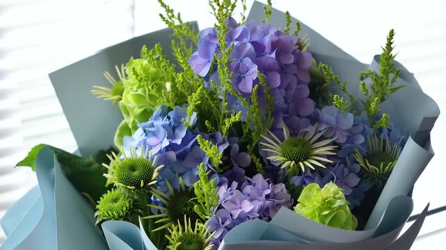 incredible cute romantic bouquet of flowers in green and blue tones. large bouquet of flowers, summer atmosphere. Green, blue, purple. Hydrangea ,Molucella Irish bells, Solidago , Echinacea
