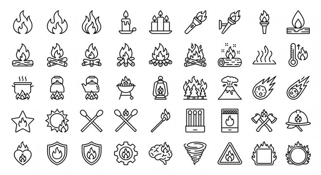 Fire and heat related outline icons set with temperature ignition fireplace