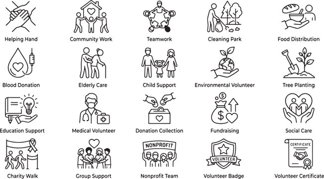 Volunteering and charity line icon set. Community work social care donation and nonprofit outline vector icons.