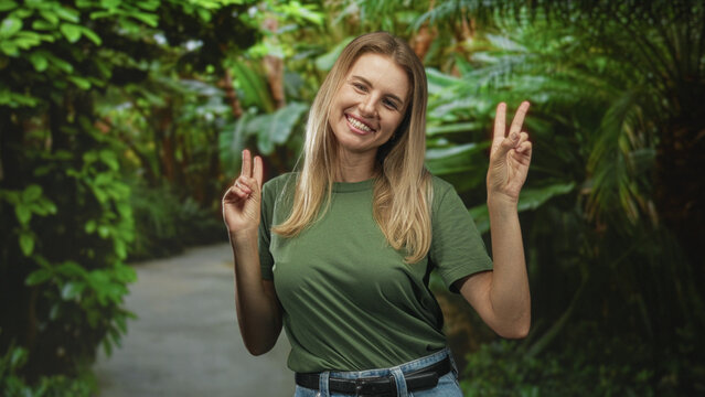 Blonde woman holds up victory signs with both hands on a forest path wearing a green t shirt and jeans; joy peace freedom.