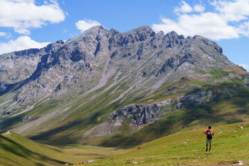 Hiker walking through green alpine pastures at Puertos de Áliva, Picos de Europa National Park, Cantabria, Spain © poliki