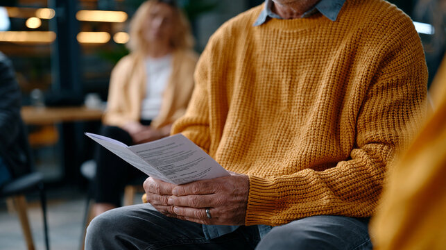 Widower attending his first in-person grief support session, seated apart from the circle slightly, still wearing his wedding ring and gripping a folded program in both hands, depicting bereavement 