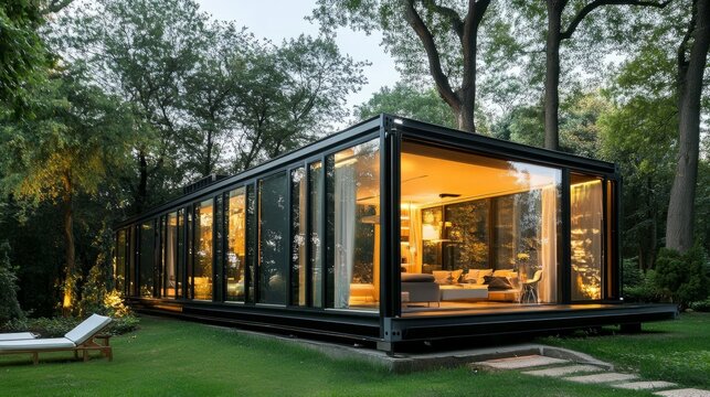 Modern modular futuristic container house with glass wall, floor-to-ceiling windows in the middle of a forest