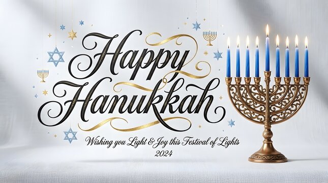 Happy hanukkah greeting card design with a glowing menorah and festive calligraphy text for 2024