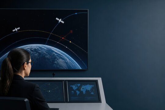 Space mission control operator monitoring Earth and satellite trajectories in a modern command room