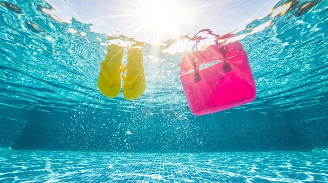 Underwater view of yellow flip-flops and a pink beach bag floating in a crystal clear swimming pool with sun rays and bubbles