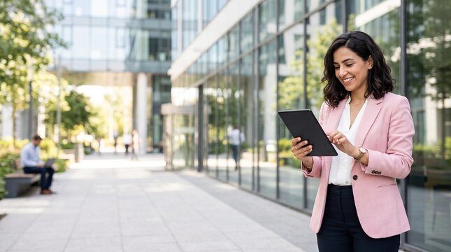 Latin Hispanic mature adult professional business woman looking at online trade app. European businesswoman CEO holding digital tablet using fintech tab application standing at workplace in office.