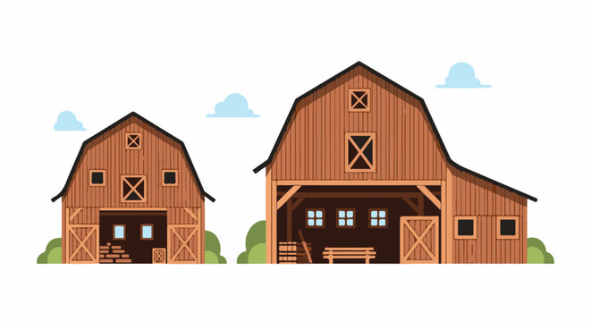Two rustic wooden barns stand side-by-side under a white sky with cartoonish clouds