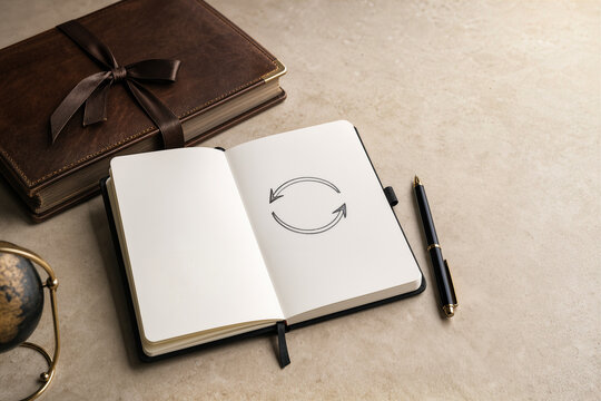 Open notebook with circular revision arrows, leather bound document and pen on warm stone flat lay suggesting trade policy reform economic transition strategic planning and policy renewal concepts