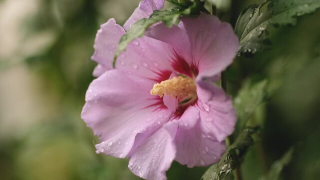 Pink hibiscus syriacus flower with water drops blooming in summer garden