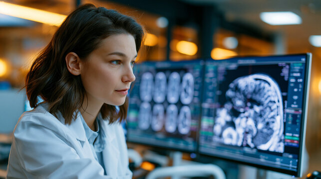 Chronic pain researcher reviewing patient neuroimaging scans mounted on lightboards in a clinical research corridor, annotated symptom diaries and peer-reviewed pain scale studies spread across a ro
