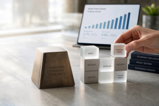 Bronze weight labeled traditional permanent trade pacts beside modular frosted glass and aluminum cubes labeled agile reviewed modular adaptive inclusive future ready with tablet growth chart