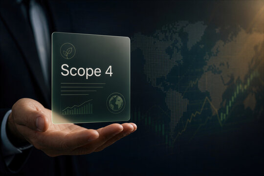 Scope 4 corporate emissions reporting document card held by professional hand with global finance map climate finance resilience indicators sustainable finance regulatory reporting