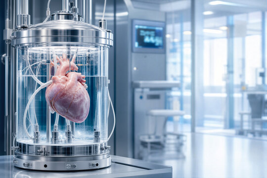 Genetically modified human heart cultivated in transparent stainless steel bioreactor chamber in sterile biomanufacturing lab xenotransplantation organ cultivation breakthrough