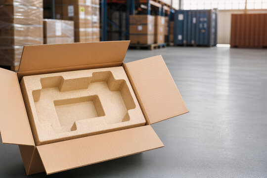 Mycelium packaging insert in cardboard shipping box in modern logistics warehouse sustainable biodegradable protective mold industrial supply chain innovation corporate sustainability image