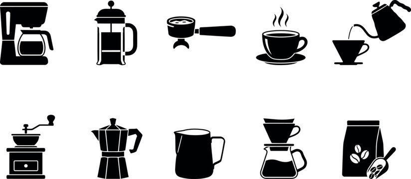 Coffee maker machine and brewing equipment silhouette icon set barista tools black vector illustration pack