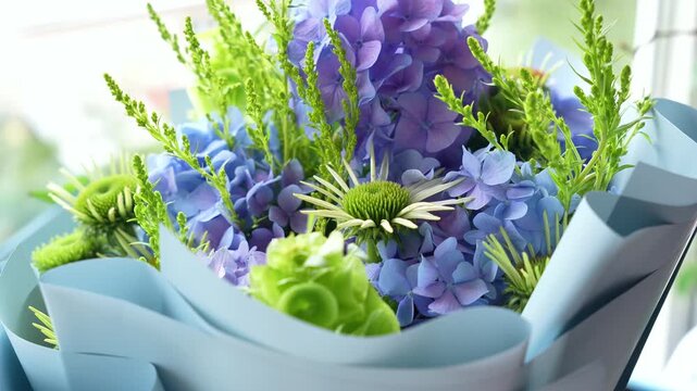 incredible cute romantic bouquet of flowers in green and blue tones. large bouquet of flowers, summer atmosphere. Green, blue, purple. Hydrangea ,Molucella Irish bells, Solidago , Echinacea