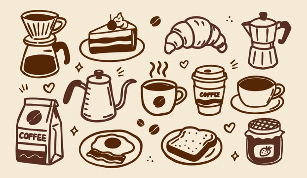 Hand drawn coffee and breakfast doodle icon set in a vintage style. Ideal for branding, packaging, menu design, stickers, posters, prints, and merchandise