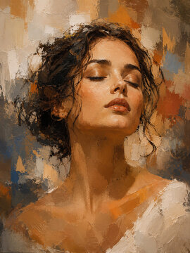 Warm impasto oil painting portrait of peaceful young woman