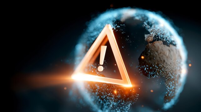 A glowing warning symbol inside a digital, semi-transparent globe representing global alert or cybersecurity threats.