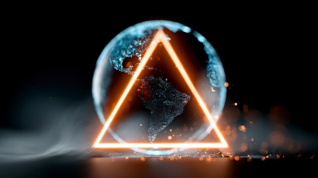 A digital globe with a glowing orange triangular frame highlights South America, surrounded by light particles on a dark background.