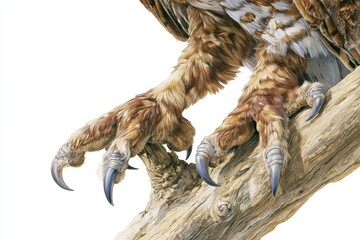 Fototapeta premium Barn owl talons grip a wooden branch with detail showing the feathers and powerful claws in warm brown tones against a white backdrop