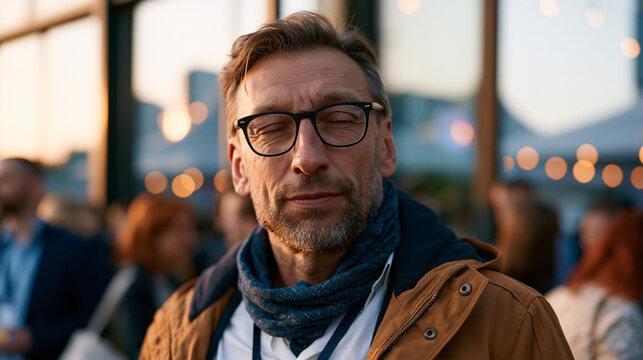Man waiting alone outside a crowded networking event visible through glass windows, rehearsing his introduction aloud with closed eyes, social anxiety visible in his rigid posture and controlled bre