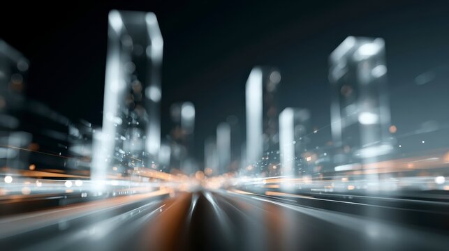 A futuristic cityscape at night with streaks of light creating a dynamic, high-speed motion effect along a central road flanked by tall, illuminated skyscrapers.