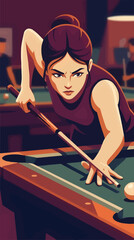 Focused Young Woman Playing Pool, Aiming Cue Ball with Intense Expression, Flat Design Vector Illustration of Billiards Game in Dimly Lit Bar © Danustudio