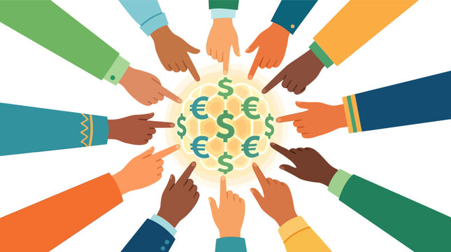 Diverse multicultural hands pointing at dollar and euro currency symbols for global investment flat design vector illustration