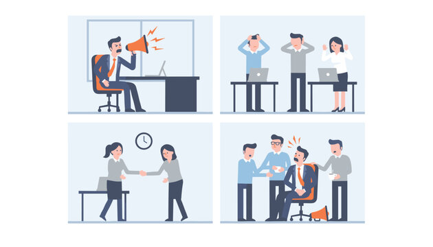 Conflict and stress in office workplace scenes vector illustration