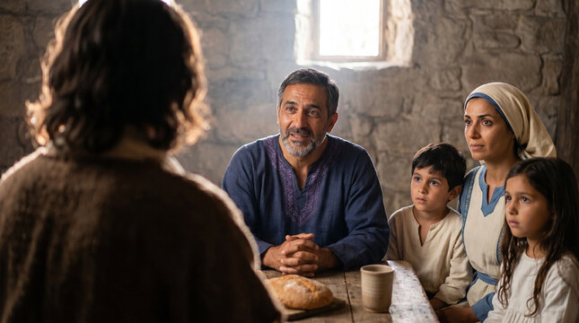 Jesus discussing with Zacchaeus and family, engaging atmosphere, interior setting