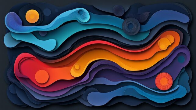 Vibrant multicolored paper cutouts form dynamic waves, creating an abstract and visually engaging composition