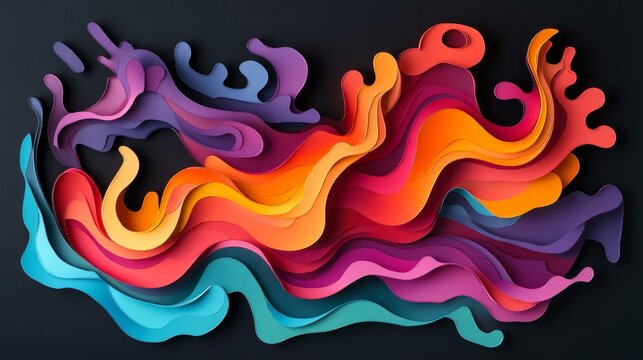 Vibrant multicolored paper cutouts form dynamic waves, creating an abstract and visually engaging composition