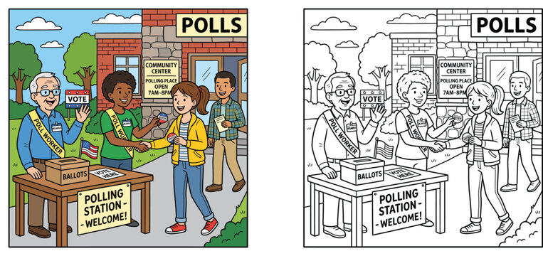 Voting and Election Day Coloring Page and Colored Illustration Featuring Poll Workers and Diverse Voters at a Polling Station Community Center