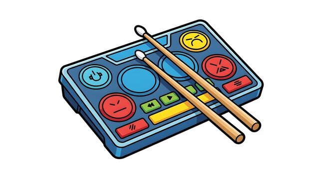 Vector illustration of a colorful electronic drum pad MIDI controller with wooden drumsticks, isolated on a white background. Perfect for music production themes.