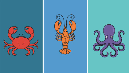 Seafood menu icons featuring crab lobster and octopus vectors © Rubel