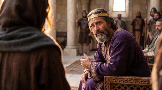 medium shot over-the-shoulder from woman of Tekoa's perspective. Historical drama king discussing fate with a woman in a sacred setting
