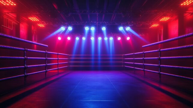Boxing arena illuminated with dramatic lighting effects, featuring an empty ring and surrounding seating, creating an electrifying atmosphere for upcoming matches and events