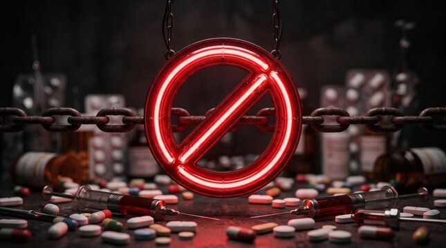 Red neon prohibition sign suspended over scattered medical pills and hypodermic syringes on dark table