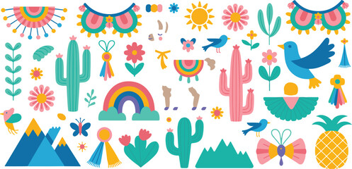 Colorful South American Folk Art Vector c with Cactus Llama and Sun © MOSTSONIA