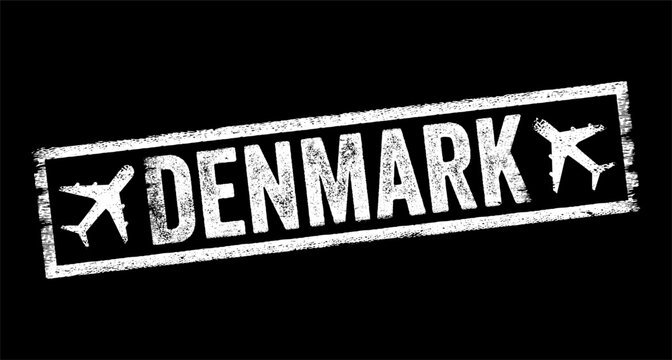 DENMARK text stamp with airplane icons in a textured retro ink style. This grunged rubber imprint represents scandinavian travel, nordic tourism, international flights, and european vacationing!!