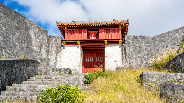Shuri castle details with view of red south Bifukumon gate of Shurijo castle in Naha Okinawa Japan