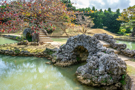 Beautiful view of Chinese-style bridges in Shikina-en garden and lake view in Shikinaen garden Naha Okinawa Japan