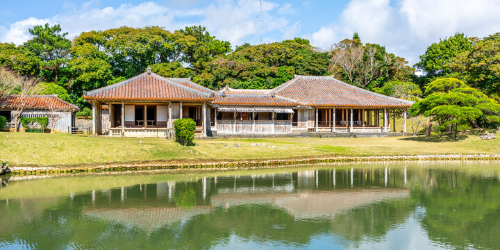 Scenic view of Shikina-en garden with lake view and Udun palace in Shikinaen garden in Naha Okinawa Japan