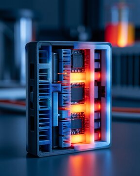 Side view of a thermalevaluation 3Dprinted prototype with embedded electronic components demonstrating heat dissipation performance in a controlled lab environment.