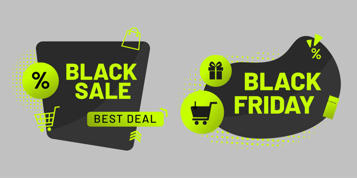 Black Friday sale banner set with neon green discount labels, shopping icons and promotional elements. Modern vector templates for retail, ecommerce, marketing and seasonal discounts.