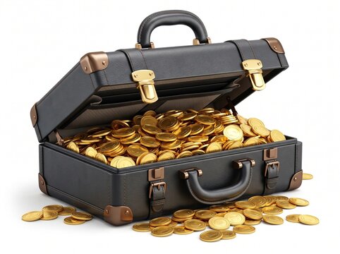 Open black leather briefcase full of shiny gold coins representing success wealth money and business profit